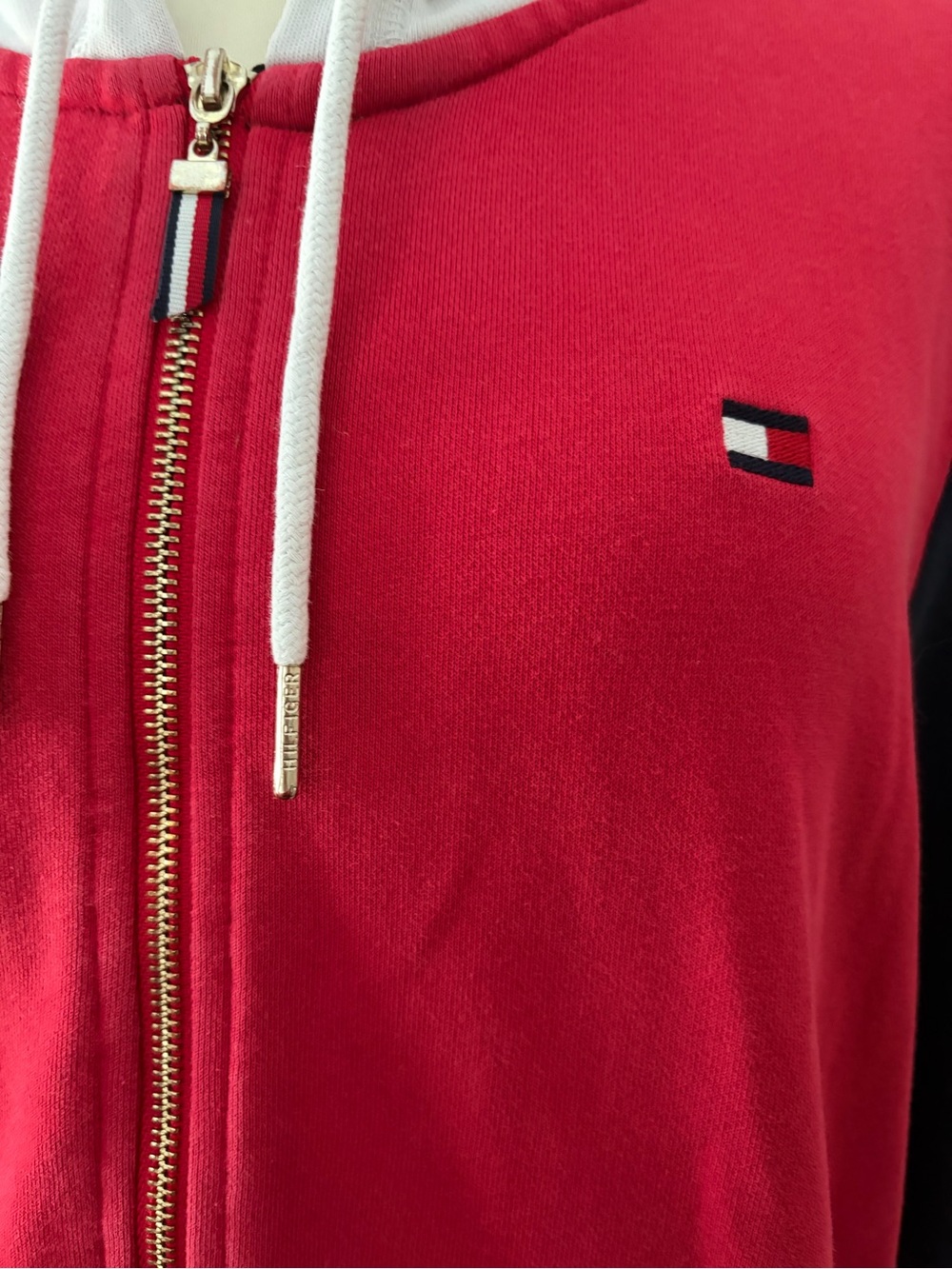 Tommy Hilfiger Retro Colorblock French Terry Red Navy Zip-Up Hoodie XL Preppy - Picture 3 of 11
